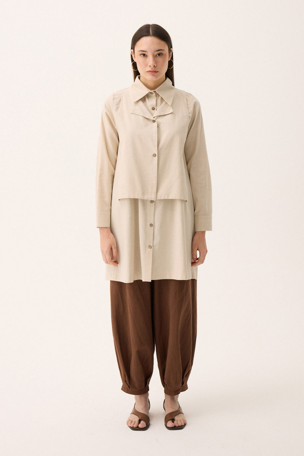 Çift Yaka Keten Gömlek Taş - 4