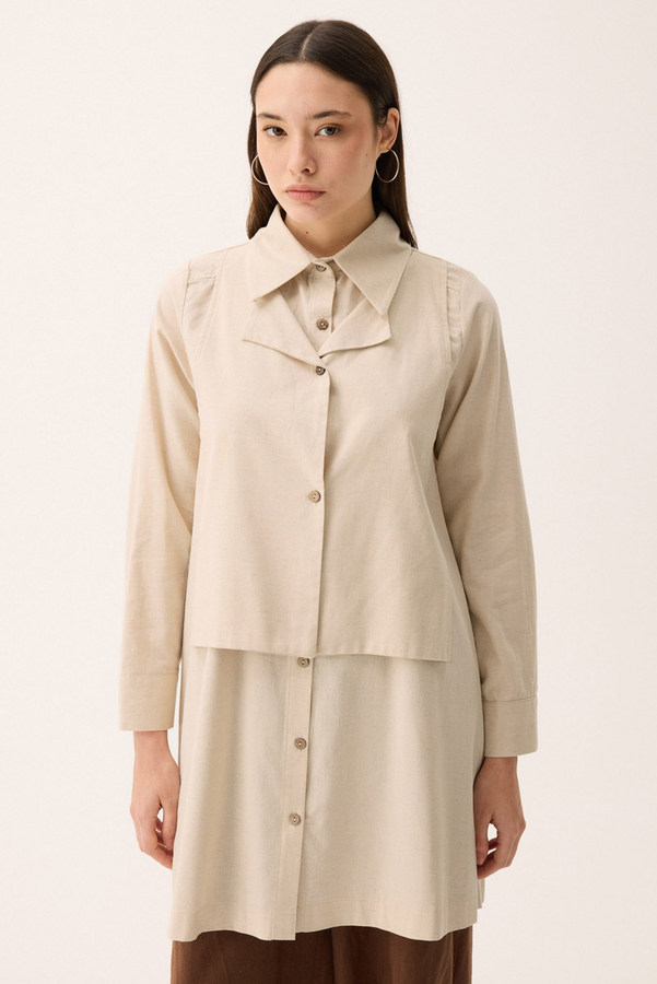 Çift Yaka Keten Gömlek Taş - 11