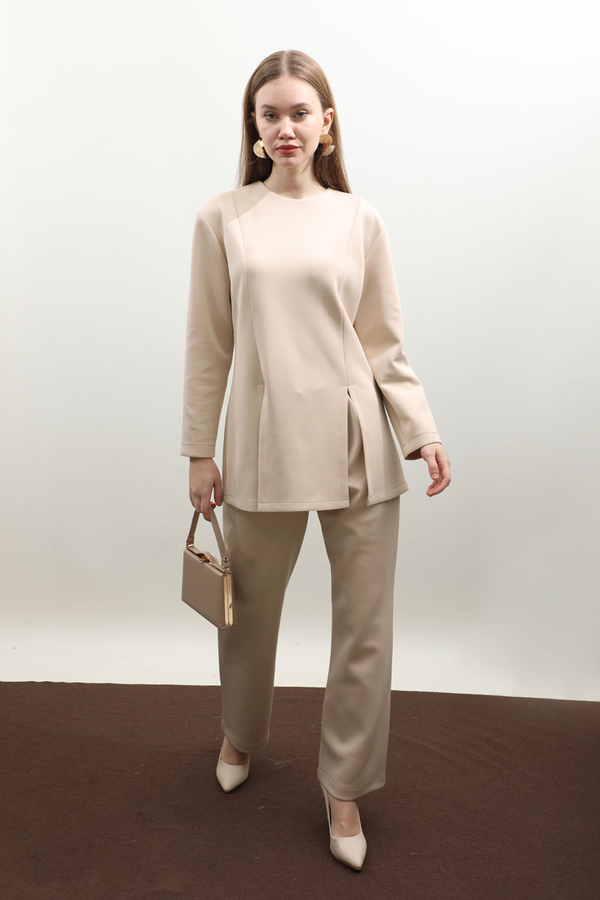 Çift Yırtmaçlı Takım Krem - 1