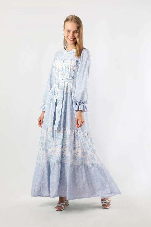 Çıtır Desenli Büzgülü Elbise Bebe Mavisi 