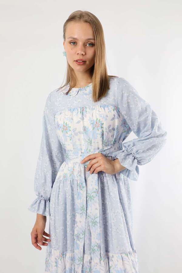 Çıtır Desenli Büzgülü Elbise Bebe Mavisi - 2