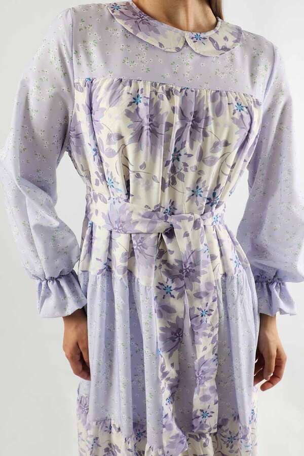 Çıtır Desenli Büzgülü Elbise Lila - 3