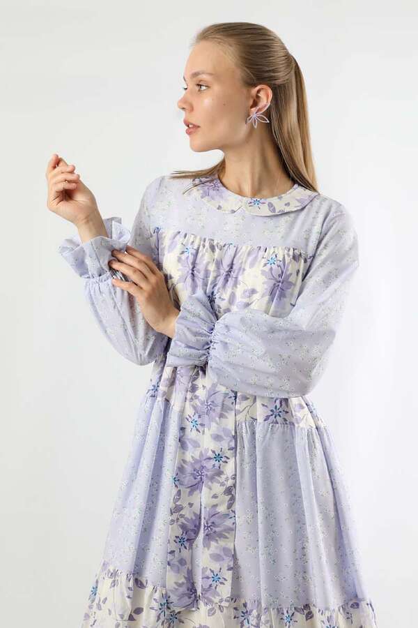 Çıtır Desenli Büzgülü Elbise Lila - 2