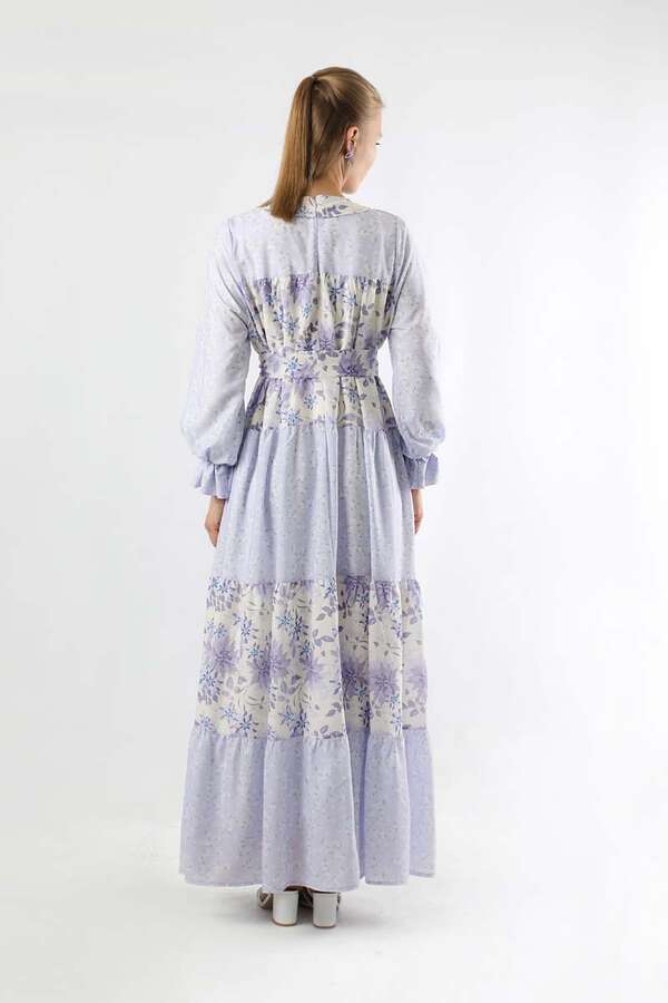 Çıtır Desenli Büzgülü Elbise Lila - 4