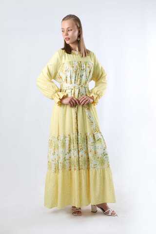 Çıtır Desenli Büzgülü Elbise Limon - 1