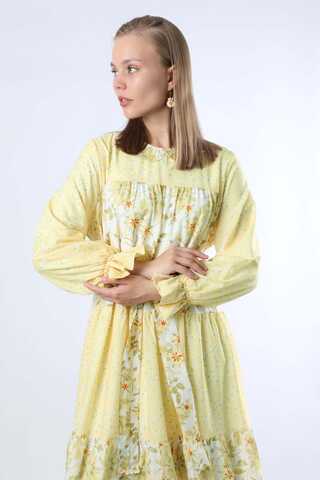 Çıtır Desenli Büzgülü Elbise Limon - 2