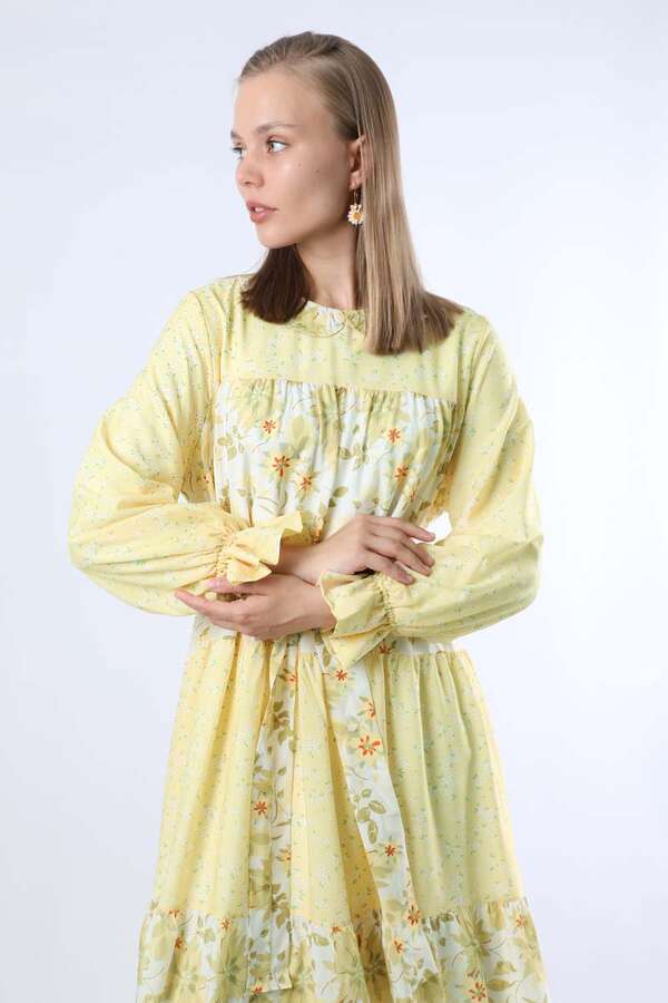 Çıtır Desenli Büzgülü Elbise Limon - 2