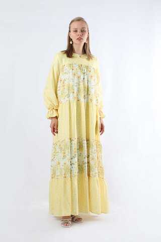 Çıtır Desenli Büzgülü Elbise Limon - 3