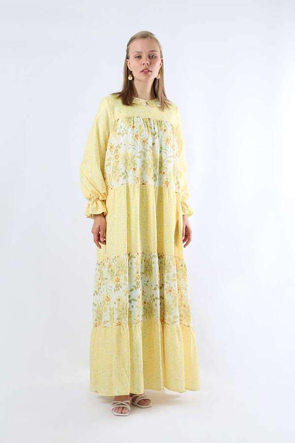 Çıtır Desenli Büzgülü Elbise Limon - 3