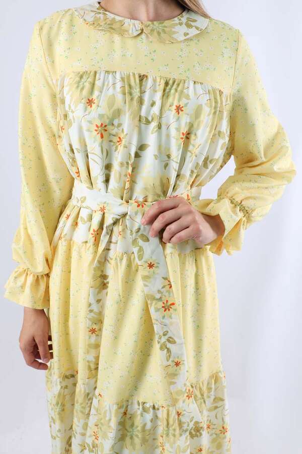 Çıtır Desenli Büzgülü Elbise Limon - 4