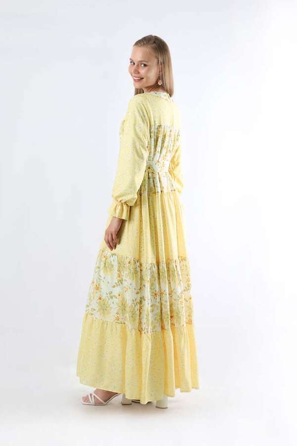 Çıtır Desenli Büzgülü Elbise Limon - 5