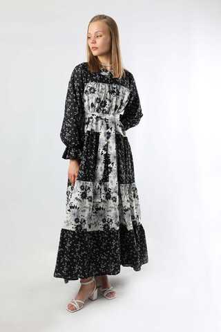 Çıtır Desenli Büzgülü Elbise Siyah - 1