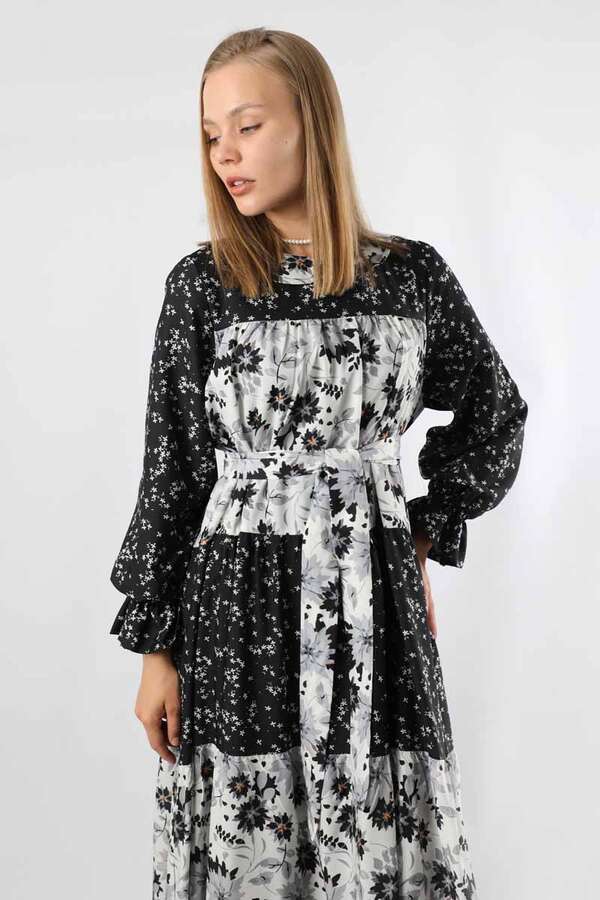 Çıtır Desenli Büzgülü Elbise Siyah - 2