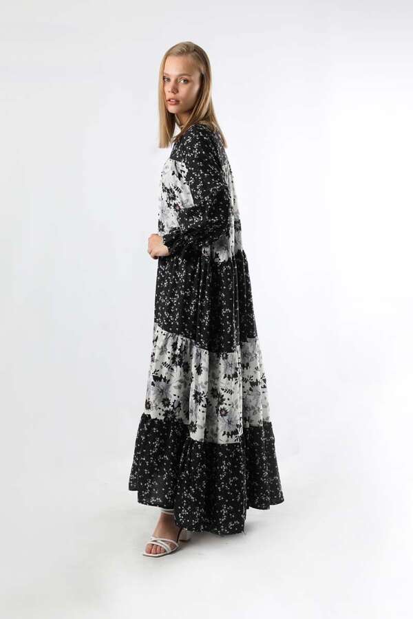 Çıtır Desenli Büzgülü Elbise Siyah - 5