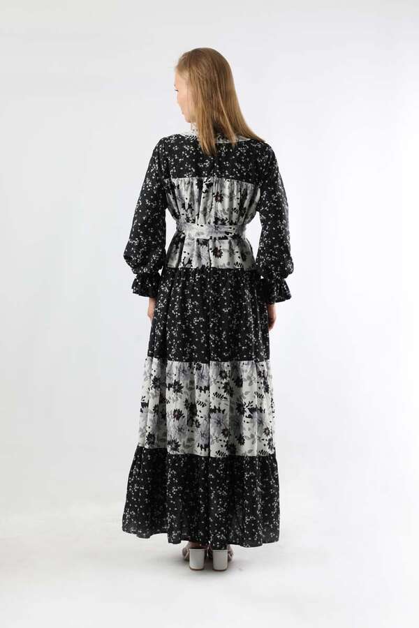 Çıtır Desenli Büzgülü Elbise Siyah - 6