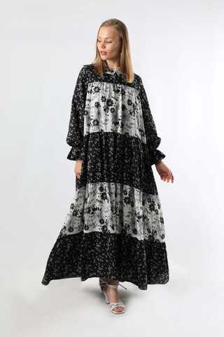 Çıtır Desenli Büzgülü Elbise Siyah - 3