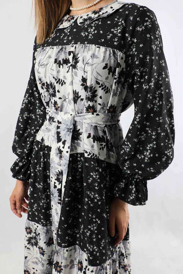 Çıtır Desenli Büzgülü Elbise Siyah - 4