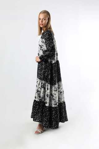 Çıtır Desenli Büzgülü Elbise Siyah - 5