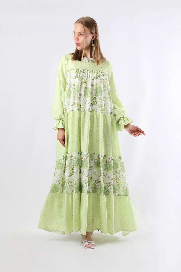 Çıtır Desenli Büzgülü Elbise Yeşil 