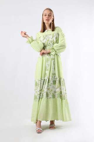 Çıtır Desenli Büzgülü Elbise Yeşil - 3