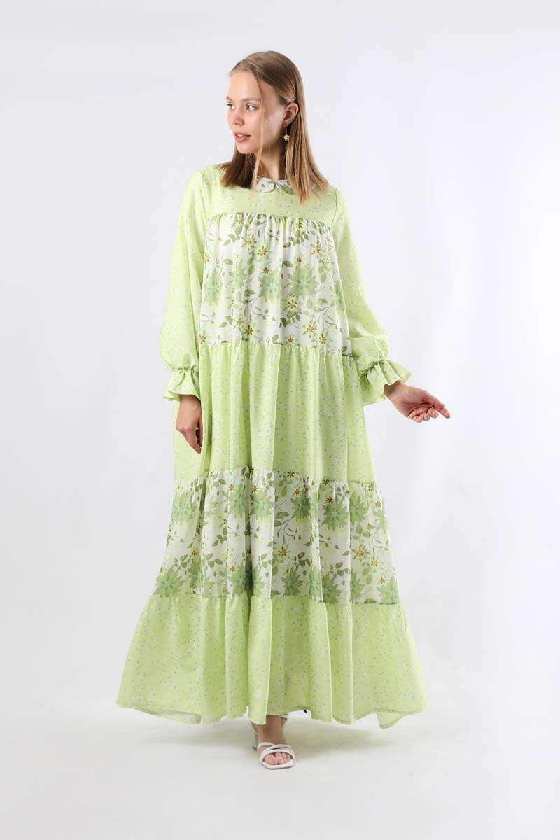 Çıtır Desenli Büzgülü Elbise Yeşil