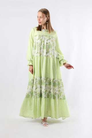 Çıtır Desenli Büzgülü Elbise Yeşil - 1