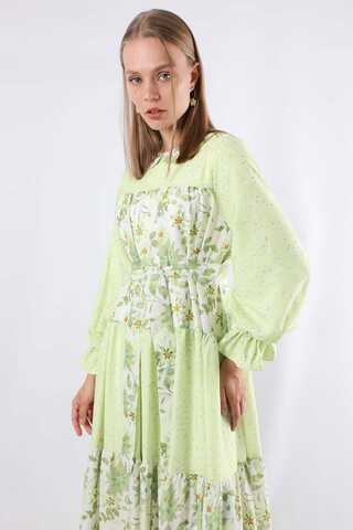 Çıtır Desenli Büzgülü Elbise Yeşil - 2