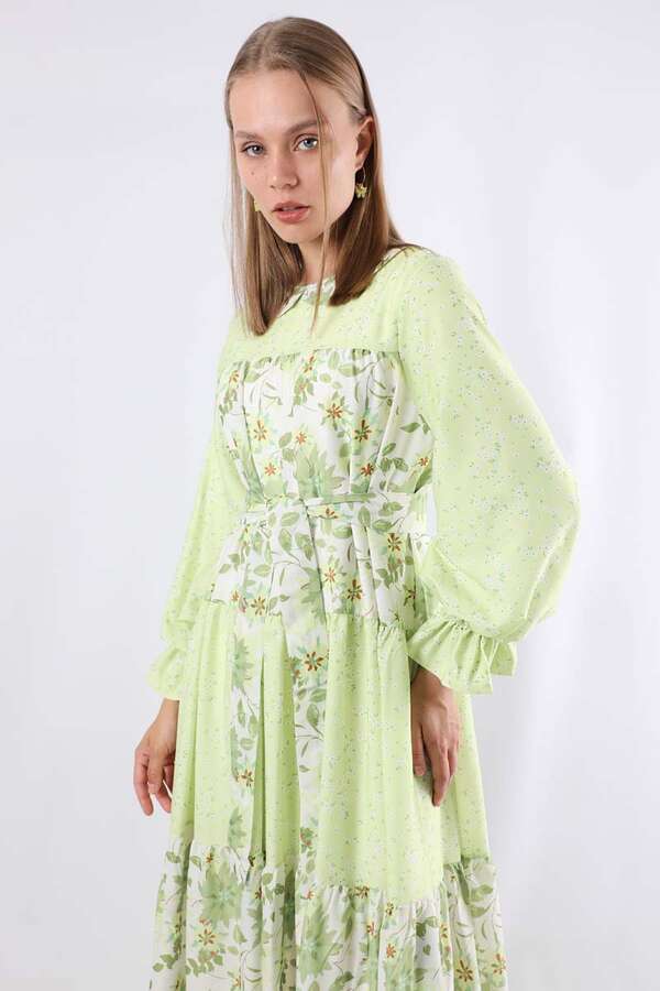 Çıtır Desenli Büzgülü Elbise Yeşil - 2