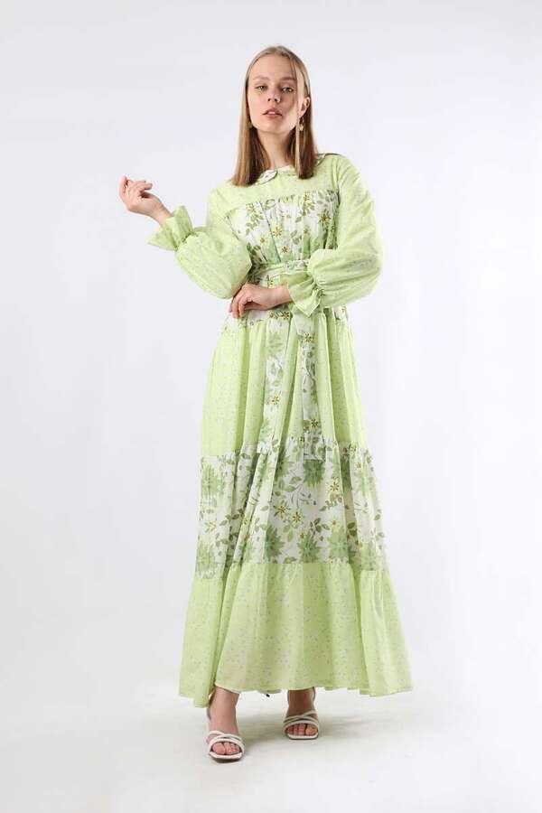 Çıtır Desenli Büzgülü Elbise Yeşil - 3
