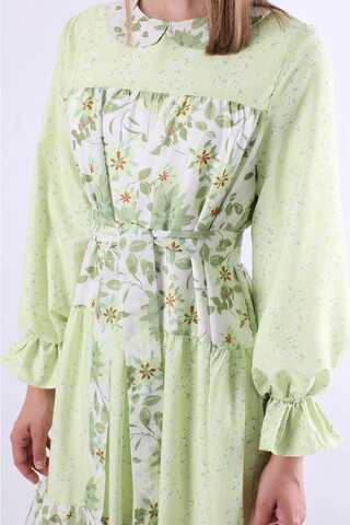 Çıtır Desenli Büzgülü Elbise Yeşil - 4