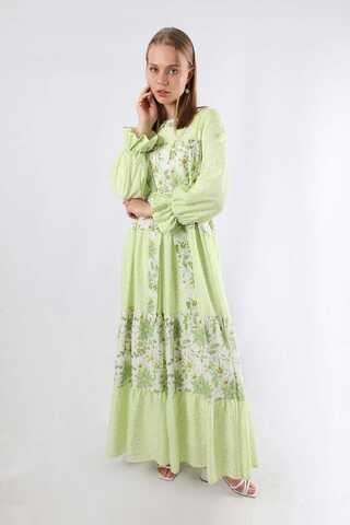 Çıtır Desenli Büzgülü Elbise Yeşil - 5