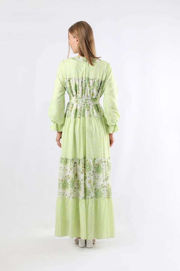 Çıtır Desenli Büzgülü Elbise Yeşil - 6