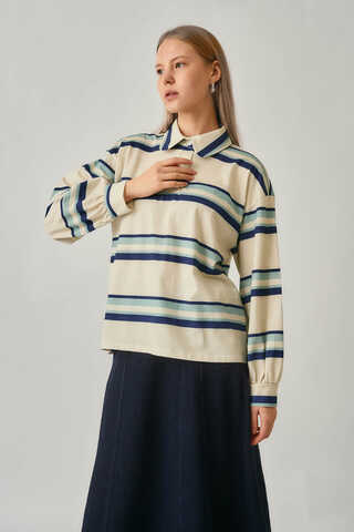 Çizgi Baskılı Sweatshirt Beyaz - 3