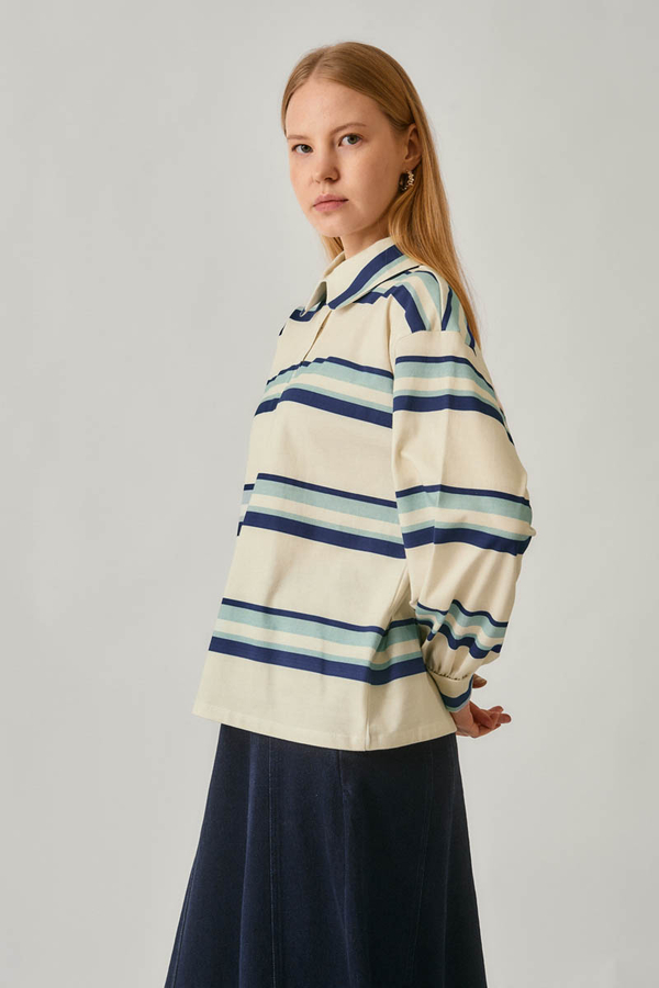 Çizgi Baskılı Sweatshirt Beyaz - 4