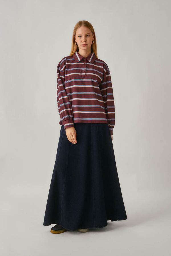 Çizgi Baskılı Sweatshirt Bordo - 10