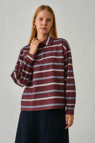 Çizgi Baskılı Sweatshirt Bordo - 11