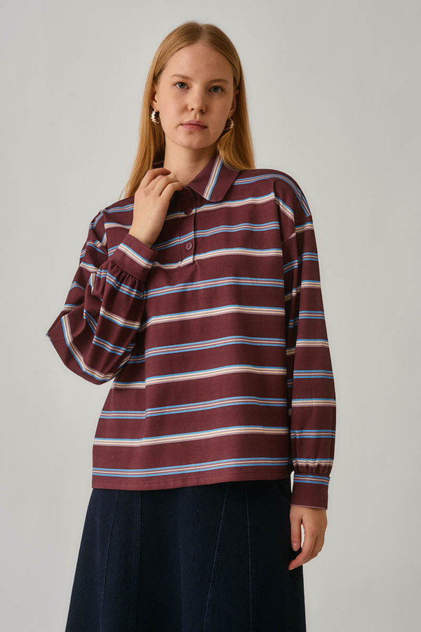Çizgi Baskılı Sweatshirt Bordo - 11