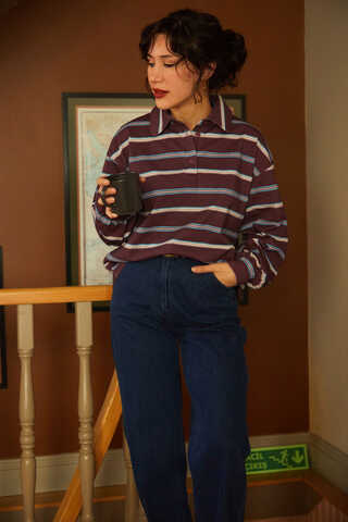 Çizgi Baskılı Sweatshirt Bordo - 6