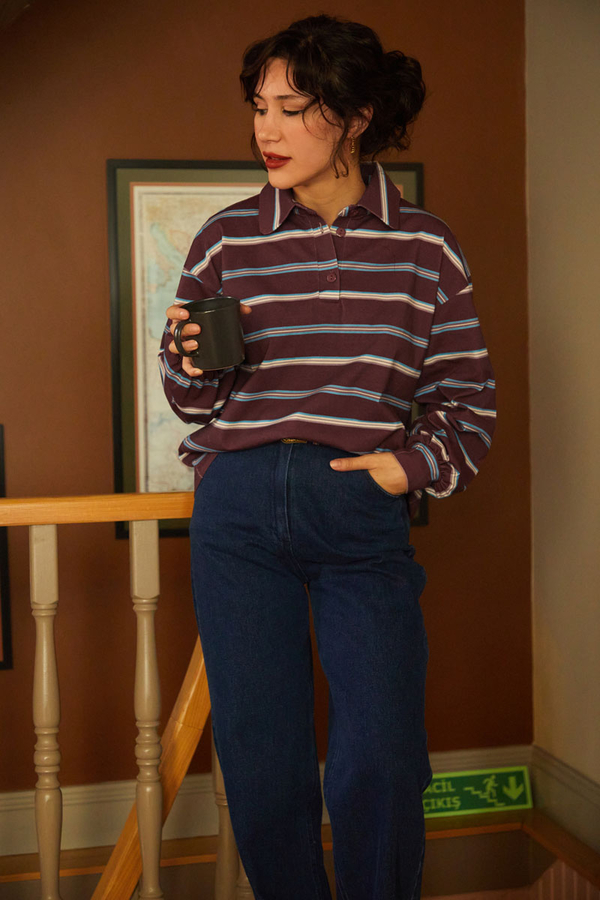 Çizgi Baskılı Sweatshirt Bordo - 6