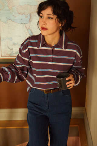 Çizgi Baskılı Sweatshirt Bordo - 5