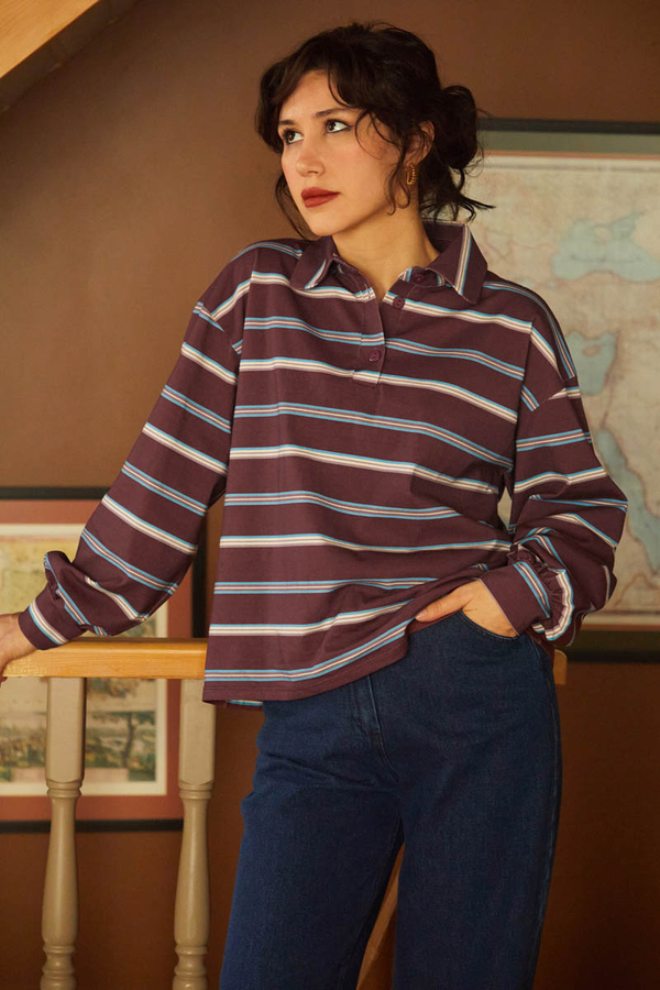 Çizgi Baskılı Sweatshirt Bordo - 7