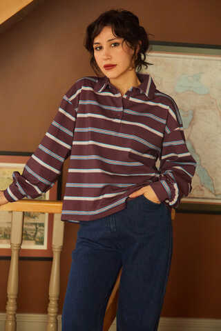 Çizgi Baskılı Sweatshirt Bordo - 3