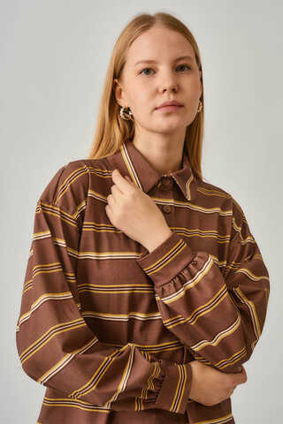 Çizgi Baskılı Sweatshirt Kahverengi - 5