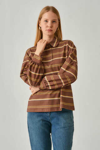 Çizgi Baskılı Sweatshirt Kahverengi - 8