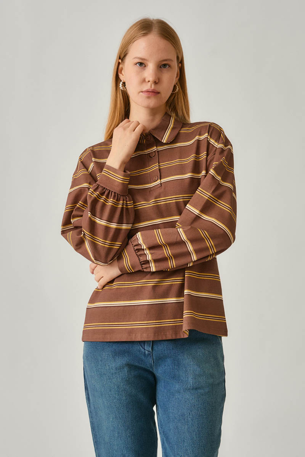 Çizgi Baskılı Sweatshirt Kahverengi - 8