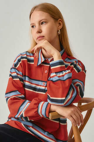 Çizgi Baskılı Sweatshirt Kırmızı - 1