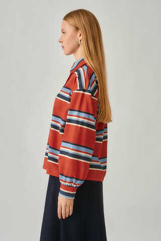 Çizgi Baskılı Sweatshirt Kırmızı - 4