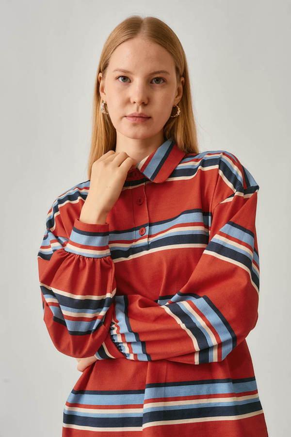 Çizgi Baskılı Sweatshirt Kırmızı - 6