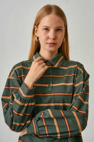 Çizgi Baskılı Sweatshirt Koyu Yeşil - 1