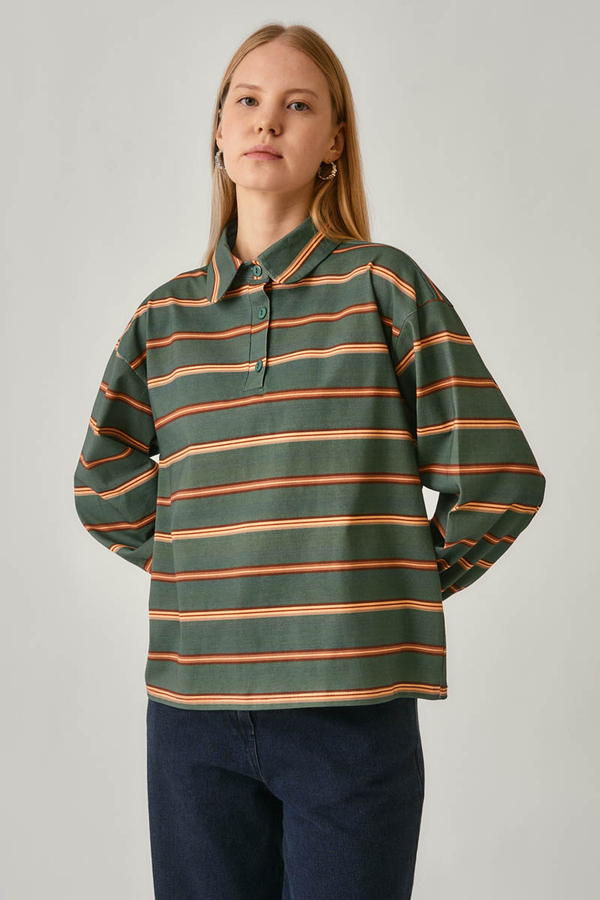 Çizgi Baskılı Sweatshirt Koyu Yeşil - 3